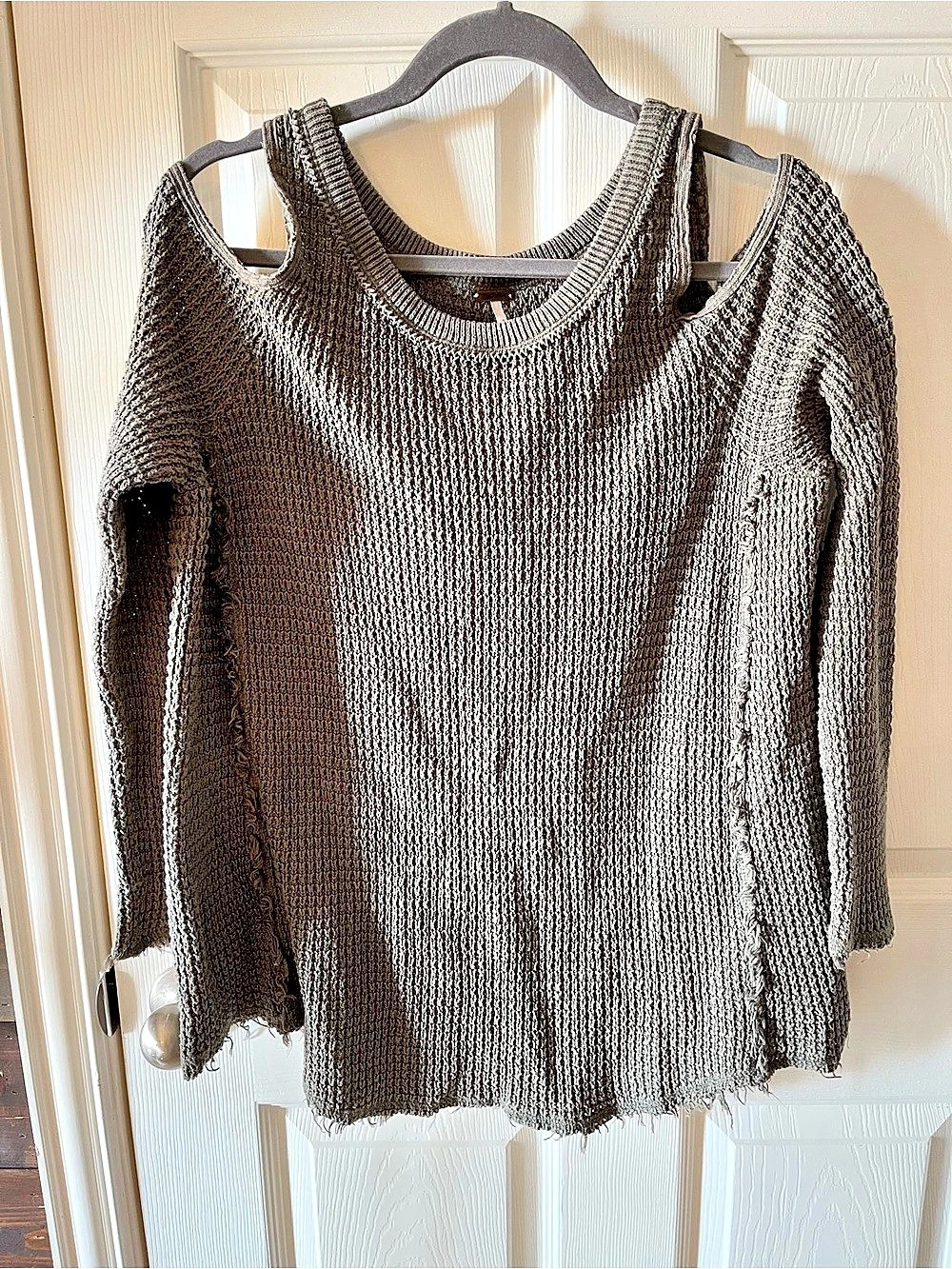 Free People Sunrise Sunset Cold Shoulder Waffle Knit Sweater Olive Green Size Sm